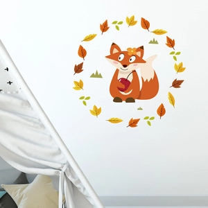 Cartoon fox wall sticker for kids rooms with autumn leaves and cute animal design