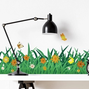 Garden grass fence wall stickers with butterflies and colorful flowers for home decor