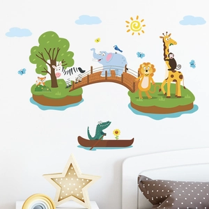 Cartoon animals crossing bridge wall decal set for nursery with giraffe elephant and lion