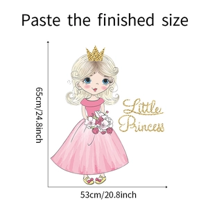 Detailed size chart for pink princess wall sticker showing height 65cm and width 53cm