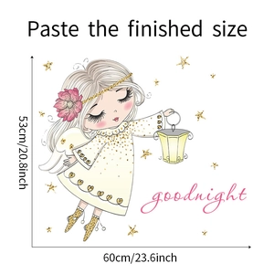 Detailed view of angel girl wall sticker with stars and goodnight lettering
