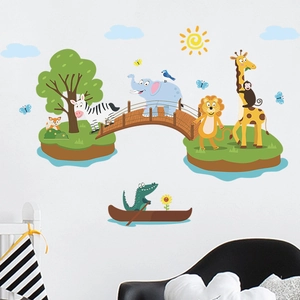 Cartoon animal wall stickers with elephant and lion for creative kids nursery decoration