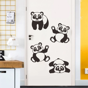 Cartoon panda wall stickers with four cute black adhesive panda decals for home decor