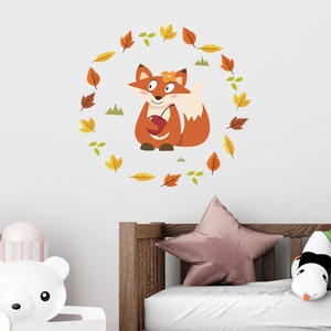Detail of cartoon fox wall sticker with autumn leaves decoration for nursery
