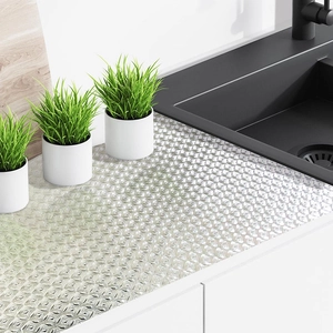 Waterproof PET silver grid kitchen sticker with embossed geometric texture for cabinets
