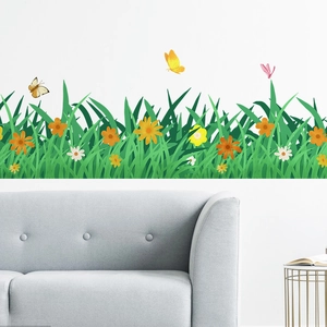 Vibrant garden butterfly and grass wall decals for living room decor and baseboard lining