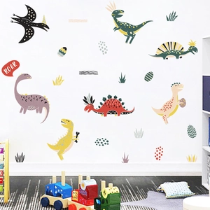 Adesivi murali con dinosauri colorati per cameretta dei bambini con vari motivi dino