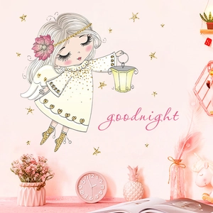 Cartoon Angel Girl PVC Wall Sticker With Stars Goodnight Text Removable Mural Decal For Kids Bedroom Nursery Decor