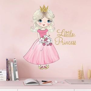 Cartoon little princess wall sticker with pink dress and Little Princess golden text