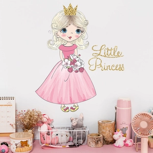 Cartoon pink dress princess wall sticker with Little Princess text for girl bedroom