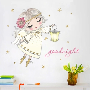 Cute little angel wall sticker for kids bedroom with gold stars and goodnight lettering