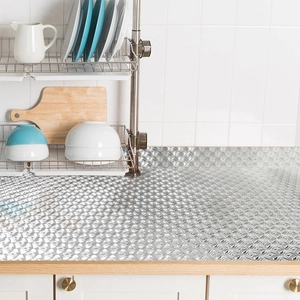Silver grid textured kitchen oil-proof aluminum foil sticker for cabinets and countertop