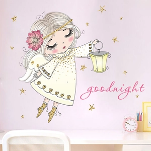 Cute angel girl wall decal set with golden stars and goodnight quote for kids room