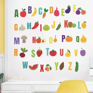 Adesivi murali colorati con alfabeto a 26 lettere e illustrazioni di frutta e verdura