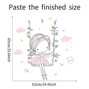Detail view of cartoon girl on swing wall sticker with dimensions 62x65cm