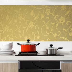 Golden flower kitchen wall sticker with oil-proof embossed texture and vine patterns