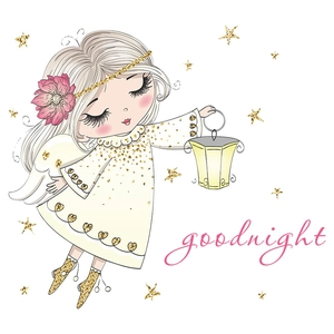 Cute cartoon angel girl wall sticker with golden stars and goodnight typography art