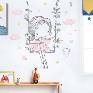 Cartoon girl swinging wall sticker with pink dress and butterflies for nursery decor