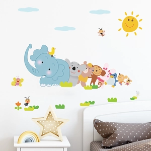 Cartoon animal wall stickers with elephant and bear on a clean bedroom wall decor