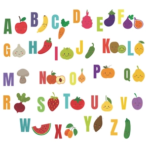 Adesivi murali con 26 lettere inglesi e illustrazioni di frutta e verdura carine