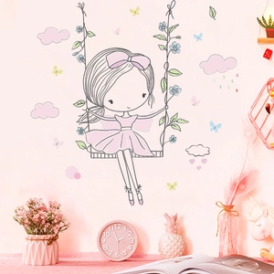 Cartoon Girl Swing Wall Stickers Pink Clouds Butterflies Self Adhesive PVC Decals For Kids Bedroom Nursery Room Decoration