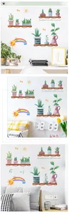 Detail of DIY rainbow plant wall decals in bright living room and office scenes