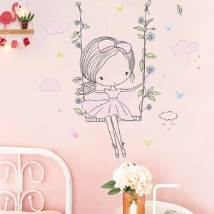 Cartoon girl on swing wall sticker with butterflies and pink hearts for nursery decor
