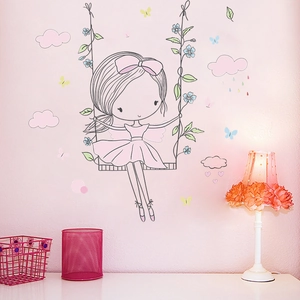 Cartoon girl on swing wall sticker with pink clouds and butterflies for kid room decor