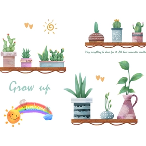 Detail of cartoon rainbow potted plants wall stickers with decorative wooden shelf design