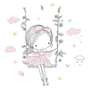 Cute girl on a swing wall sticker in pastel colors for kids bedroom and nursery decor