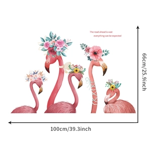 Detailed view of pink flamingo wall stickers with floral crowns measuring 100cm by 66cm