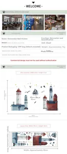 Detail view of lighthouse and seagull wall stickers with dimensions and PVC material spec