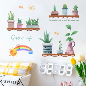 Cartoon cactus potted plants wall decals for living room decor featuring Grow Up text