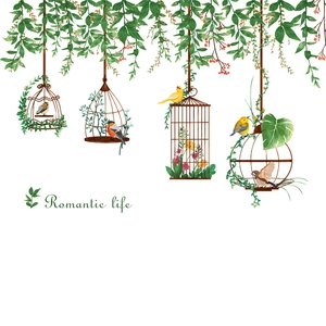 Detail of watercolor garden wall stickers featuring green vines and vintage birdcages