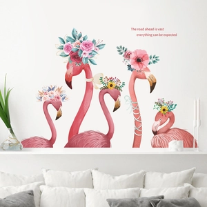 Nordic Pink Flamingo Floral Wall Sticker Removable PVC Self Adhesive Art For Living Room Bedroom Home Decor Mural