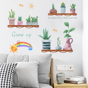Cartoon rainbow and potted plant wall stickers set for living room home decoration