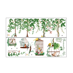 Detailed sheet layout of pastoral birdcage wall stickers with birds and green plants