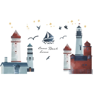 Detail of cartoon lighthouse and seagull wall stickers with Come Back Home text
