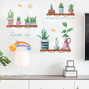 Cartoon rainbow potted plants wall decals set with sun and grow up quote for home decor