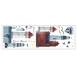 Detail of nautical wall decals showing lighthouse, sailboat and birds in vintage style