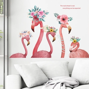 Nordic watercolor pink flamingo wall stickers with floral crowns for living room decor