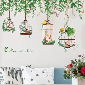 Pastoral Birdcage Green Vines Wall Stickers Removable PVC Birds Plant Wall Decal Romantic Life For Living Room Home Decor