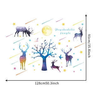 Detailed dimension map of Nordic deer wall stickers showing 128x91cm size layout