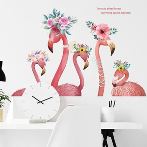 Nordic pink flamingo wall decals set with floral crowns for modern living room decor