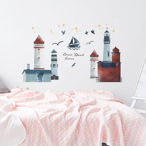 Cartoon lighthouse and sailboat wall stickers with Come Back Home text for nursery