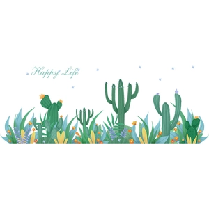 Detail of cartoon cactus wall stickers with Happy Life typography and colorful flowers