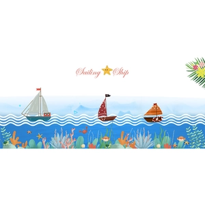 Detailed pattern of cartoon sailing ships with colorful corals and sea life wall stickers