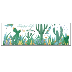 Detailed sheet of watercolor cactus and tropical plant wall decals with Happy Life text