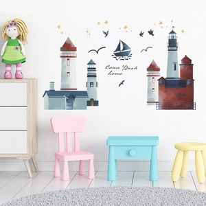 Cartoon lighthouse and sailboat wall stickers for kids room decor with nautical elements