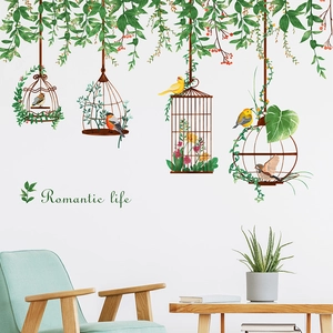 Pastoral wall stickers featuring birdcages, birds and vines for living room wall decor